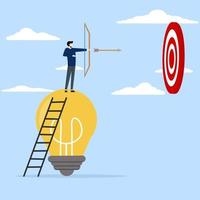 Idea concept to hit target, businessman climbing stairs with light bulb idea to shoot target. planning to achieve goals, innovation for insight to achieve targets, solutions or creativity concept. vector