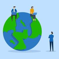 concepto trabajando desde en cualquier sitio alrededor el mundo, empresario sentado en mundo mapa en el mundo trabajando con computadora en línea. remoto trabajo o trabajo independiente, internacional empresa o global negocio concepto vector