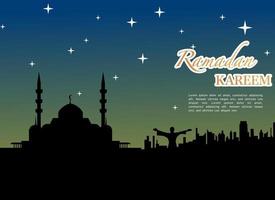 Ramadán kareem ilustración con mezquita silueta y luz de las estrellas y luna, antecedentes negocio etiqueta, invitación plantilla, social medios de comunicación, etc. Ramadán kareem temática plano vector ilustración.