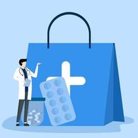 Various medical services. Doctor character with buying medicine in pharmacy shop, using health insurance policy. Medicine concept. flat cartoon vector icon and illustration.