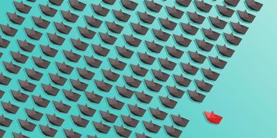 Leadership concept, thinking outside the box, teamwork and courage concept. Unique red and many white isometric paper ships on turquoise sea. vector