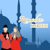 ramadan kareem congratulation concept with male and female characters, ramadan concept illustration. Happy Muslim people celebrating the Holy Month of Ramadan, Eid greetings. vector illustration