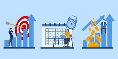 Self and time management concept, productivity concept with tiny people. Set of abstract vector illustrations of employee performance and self-regulation. Motivational software, effective job planning