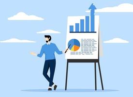 statistics reporting or improvement concept, businessman presenting graphs with elevation, Presenting company growth, increasing profit or increasing income, successful investment or increasing sales. vector