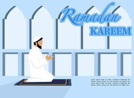 ramadan kareem congratulation concept with praying man character, ramadan concept illustration. Happy Muslim people celebrating the Holy Month of Ramadan, Eid greetings. vector illustration