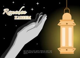 ilustración de Ramadán kareem con Orando manos en oscuro noche, antecedentes negocio etiqueta, invitación plantilla, social medios de comunicación etc. Ramadán kareem temática plano vector ilustración.