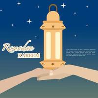 Illustration of Ramadan Kareem with hand giving lantern, Background Business Label, Invitation Template, social media etc. ramadan kareem themed flat vector illustration.
