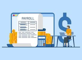Payroll system concept, businesswoman sitting with online payroll computer. online income calculation and automatic payments, office administration or calendar payment dates, employee salaries. vector