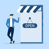 concept of open online store or shop website for e-commerce to sell products, businessman flipping open sign on online shop mobile site with customers waiting to buy retail products. vector