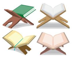 A set of four different colored Quran books sit on a stand. vector