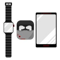 Mobile phone, Smart watch, and inear monitor on white background in flat vector illustration design
