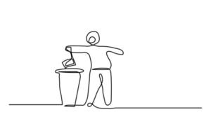 vector illustration single continuous line throwing trash in the trash can