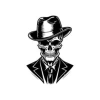 A sophisticated and stylish skull wearing a suit and hat in a Hand drawn illustration with a touch of elegance and personality vector