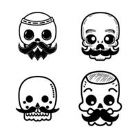 A collection set of cute Hand drawn skulls with mustaches, perfect for adding a playful touch to any design or project. vector