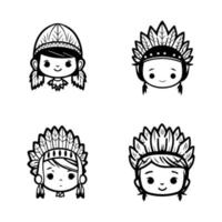 Our cute kawaii child head collection features Hand drawn illustrations of kids wearing Indian chief head accessories, perfect for adding some playful charm to your designs vector