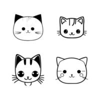 adorable felino amigos. esta linda anime gato cabeza colección conjunto caracteristicas mano dibujado línea Arte ilustraciones Perfecto para gato amantes vector