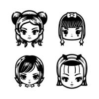 Charming and playful Hand drawn kawaii gangster girl collection set, featuring cute and quirky line art illustrations with a hint of attitude vector