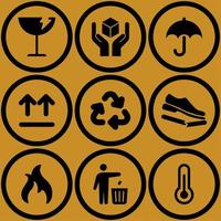 Packaging symbol. Set icon of miscellaneous symbol on the package. Symbol of fragile, handle with care, keep dry, upward, recycle, don't trample, flammable, don't litter and temperature. Caution icon vector