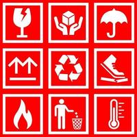 Packaging symbol. Set icon of miscellaneous symbol on the package. Symbol of fragile, handle with care, keep dry, upward, recycle, don't trample, flammable, don't litter and temperature. Caution icon vector