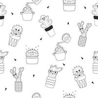 Seamless pattern of fun kawaii cactus outline vector