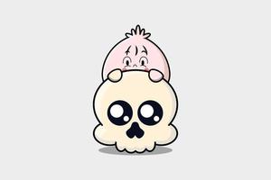 Cute Dim sum cartoon character hiding in skull vector