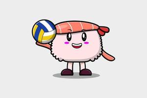 linda dibujos animados Sushi camarón jugando vóleibol vector