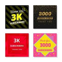 Thank you 3k subscribers set template vector. 3000 subscribers. 3k subscribers colorful design vector. thank you three thousand subscribers vector