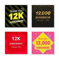 Thank you 12k subscribers set template vector. 12000 subscribers. 12k subscribers colorful design vector. thank you twelve thousand subscribers vector