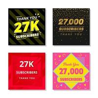 Thank you 27k subscribers set template vector. 27000 subscribers. 27k subscribers colorful design vector. thank you twenty seven thousand subscribers vector