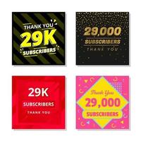 Thank you 29k subscribers set template vector. 29000 subscribers. 29k subscribers colorful design vector. thank you twenty nine thousand subscribers vector