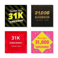 Thank you 31k subscribers set template vector. 31000 subscribers. 31k subscribers colorful design vector. thank you thirty one thousand subscribers vector