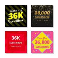 Thank you 36k subscribers set template vector. 36000 subscribers. 36k subscribers colorful design vector. thank you thirty six thousand subscribers vector