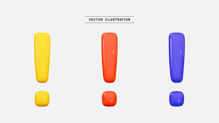 Set of exclamation sign 3d icon render realistic colorful design element in cartoon minimal style