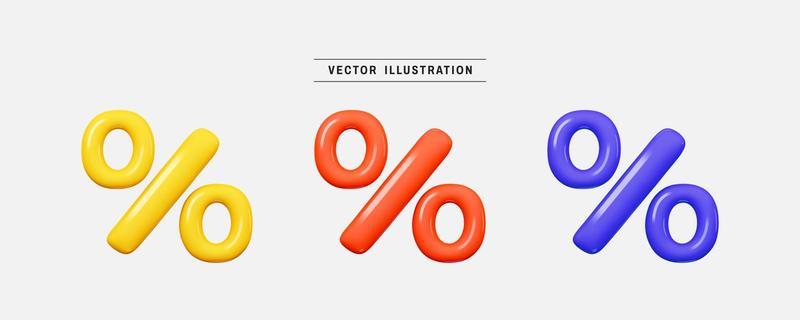 Set of percent sign 3d icon render realistic colorful design element in cartoon minimal style