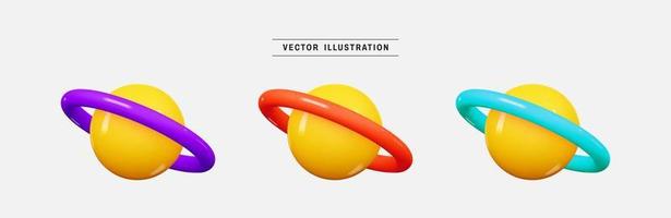 Set of planets with ring 3d icon render realistic colorful design element in cartoon minimal style vector