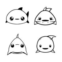 A collection of cute and charming kawaii shark logos, each Hand drawn in whimsical line art style. Perfect for branding and merchandise design vector