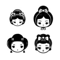 cautivador y encantador mano dibujado kawaii colección conjunto presentando linda anime japonés geisha cabezas, exhibiendo tradicional elegancia y gracia vector