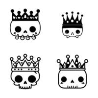 adorable y caprichoso mano dibujado colección conjunto de linda kawaii cráneo cabezas con coronas, exhibiendo un juguetón fusión de oscuro y linda elementos vector