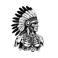 negrita y sorprendentes mano dibujado línea Arte ilustración de un indio americano jefe cabeza, exhibiendo fortaleza, sabiduría, y cultural patrimonio vector