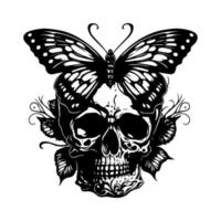 Beautiful and captivating Hand drawn line art illustration of a skull head and butterfly, evoking a sense of transformation and beauty in the face of darkness vector