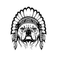 A bulldog wearing Indian chief headgear in Hand drawn line art illustration, perfect for sports teams, mascots, or logos vector