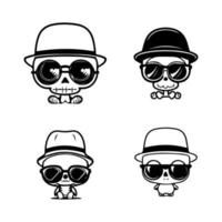 A cool and edgy collection of cute skull characters sporting stylish sunglasses in various poses and expressions. Hand drawn with love vector