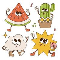 Retro set of summer groovy mascots. Funny characters of flower , potted cactus, sun, cloud, watermelon with groovy face emotion and gestures of comical gloves hands. Vector hand drawn hippie design.