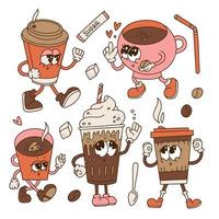 mano dibujado retro dibujos animados diseño de moda café taza personaje colocar. papel tazas y tazas mascota elemento recopilación. 70s-80s maravilloso contorno vector ilustración.