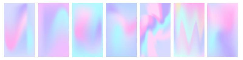 Social media story holographic blurred gradient background set. Aesthetic iridescent pink and blue blurry 16x9 backgrounds. Abstract mesh holography texture. Pearlescent vector backdrop.