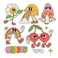 Fun groovy retro clipart characters set. 70s, 80s, 90s vintage cartoon style. Patches, pins, stickers templates. Comic mascots. Vectoc trendy nostalgic aesthetic flower, cherry, mushroom, rainbow. vector