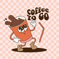 Coffee to go concept. Cute retro cartoon character of takeaway coffee in paper cup with groovy text. Vector contour illustration. Isolated funny drink for design, decor, postcards, menu.