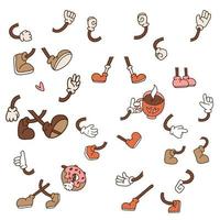 Retro cartoon legs, arms gestures and hands poses collection. Comic funny character foot in boots and hands in gloves. Animation mascot body parts set. Vector hand drawn illustration.