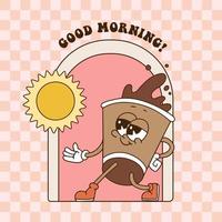 Good morning text with Funny retro cartoon character of Coffee on paper cup concept for sticker, posters, prints. The toons elements in trendy vintage 80s style. Vector contour illustration