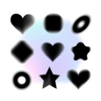 Black blurry abstract geometric forms set with soft edges, blurry aura aesthetic elements. Star, circle, heart, square shape blurs, various silhouette forms with blur effect. Isolated Vector elements.